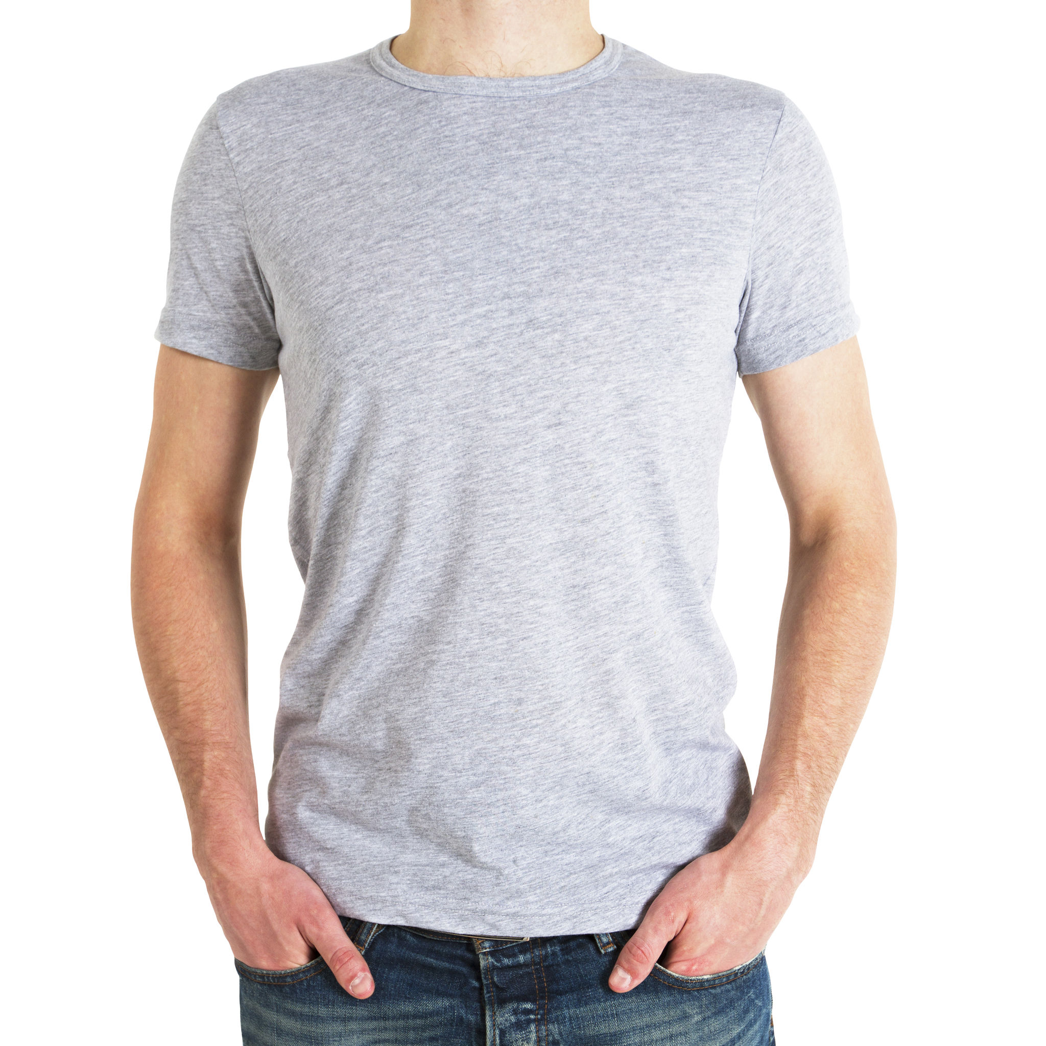 man in gray t-shirt on a white background